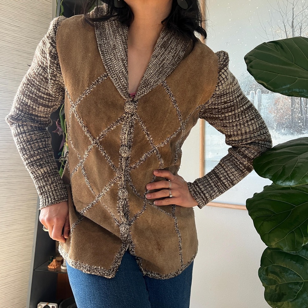 Vintage Suede Knit Jacket‎ Leather Patchwork Cardigan 90s Textured Coat